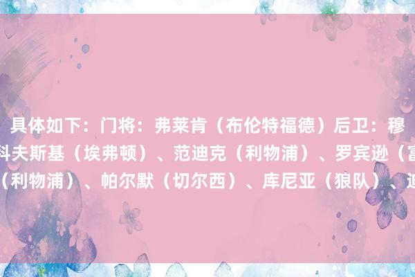 具体如下：门将：弗莱肯（布伦特福德）后卫：穆尼奥斯（水晶宫）、塔科夫斯基（埃弗顿）、范迪克（利物浦）、罗宾逊（富勒姆）中场：萨拉赫（利物浦）、帕尔默（切尔西）、库尼亚（狼队）、迪亚斯（利物浦）先锋：哈兰德（曼城）、伊萨克（纽卡）    体育集锦
